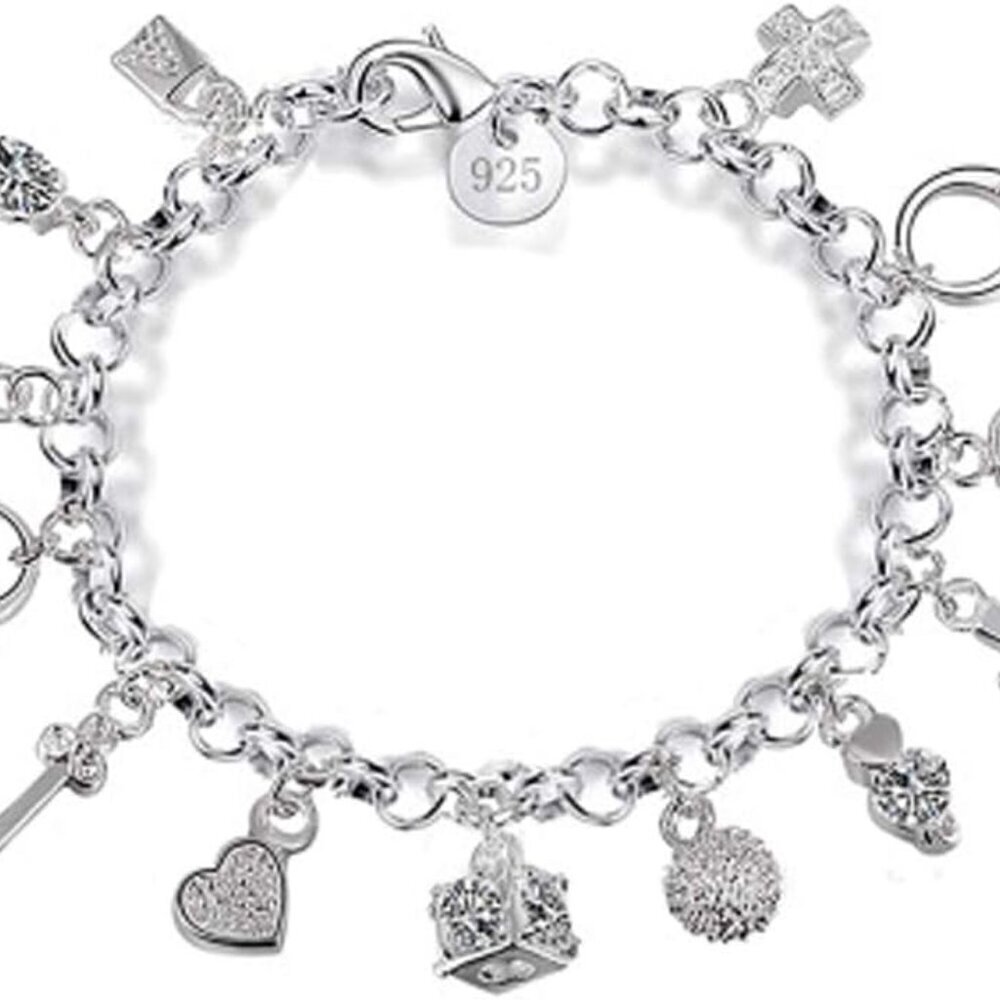 Silver Bracelets for Women 13-Piece Hanging Charm Sterling Jewelry Gift